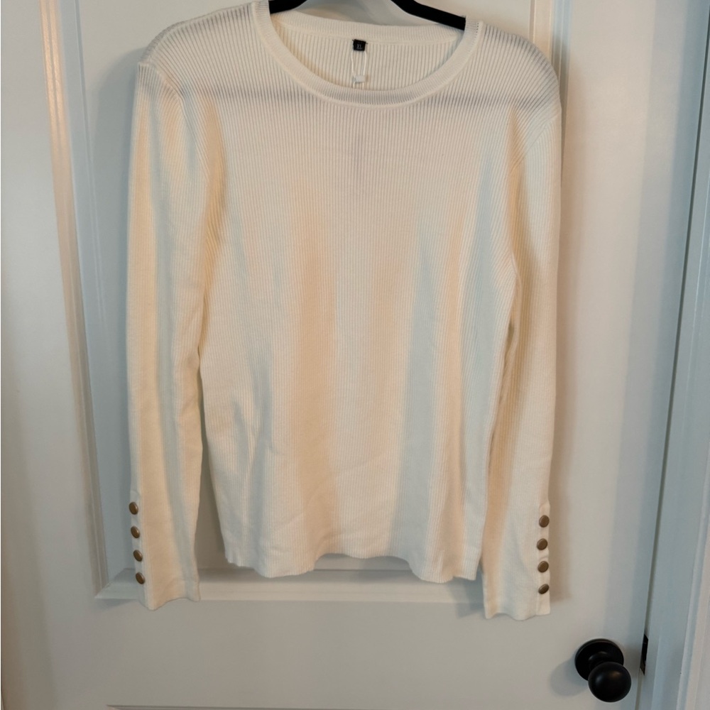 Amazon Women's Cream Crew Neck Sweater with Button Cuff Detail